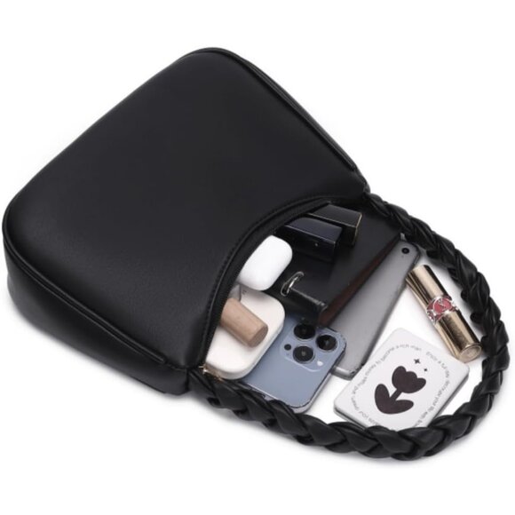 Women Braid Black Imported Polyester Leather Zipper Closure Mini Tote Handbag - Picture 5 of 8